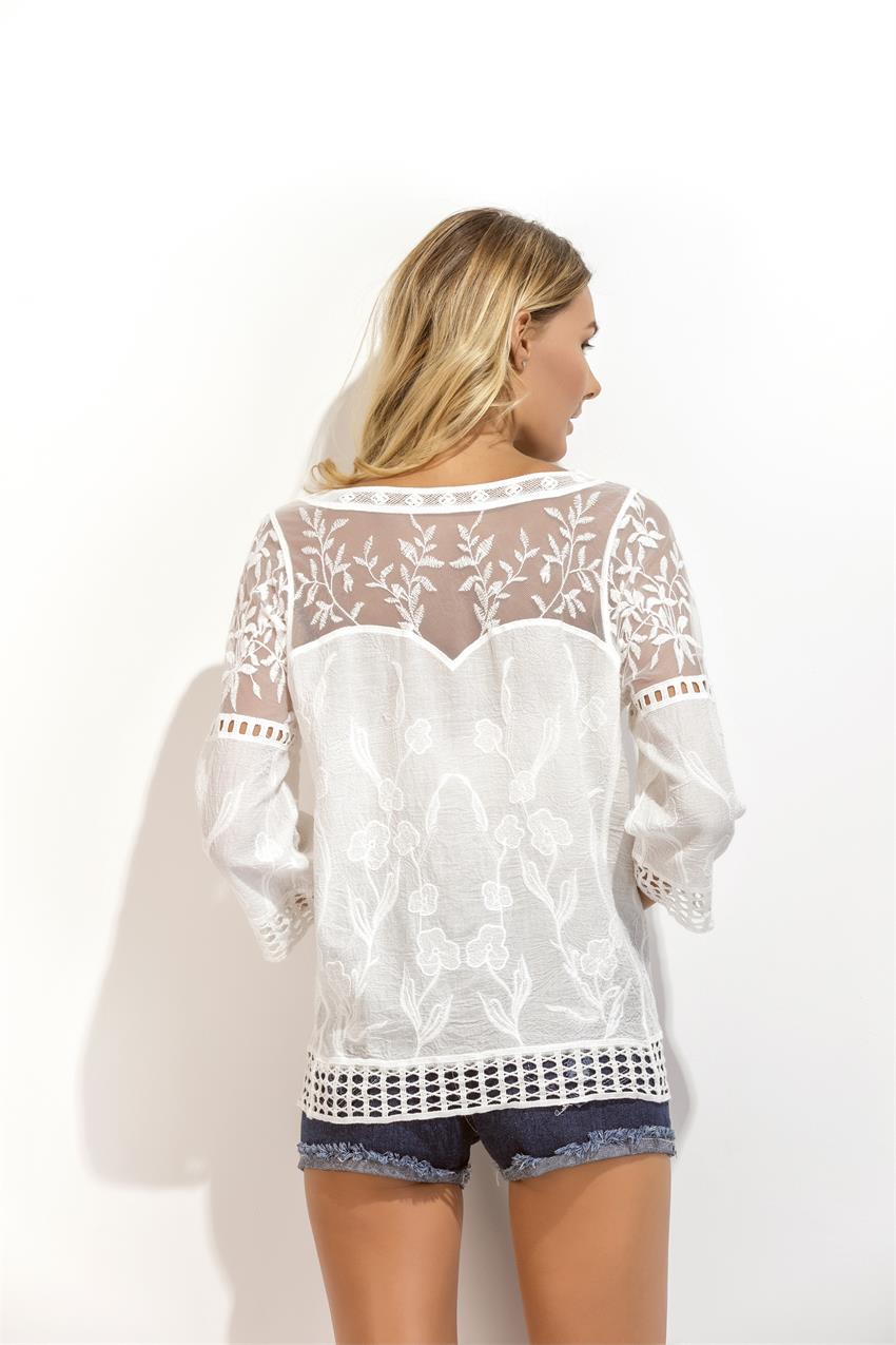 F4632 Elegant crochet flower lace O shaped neckline blouse shirt